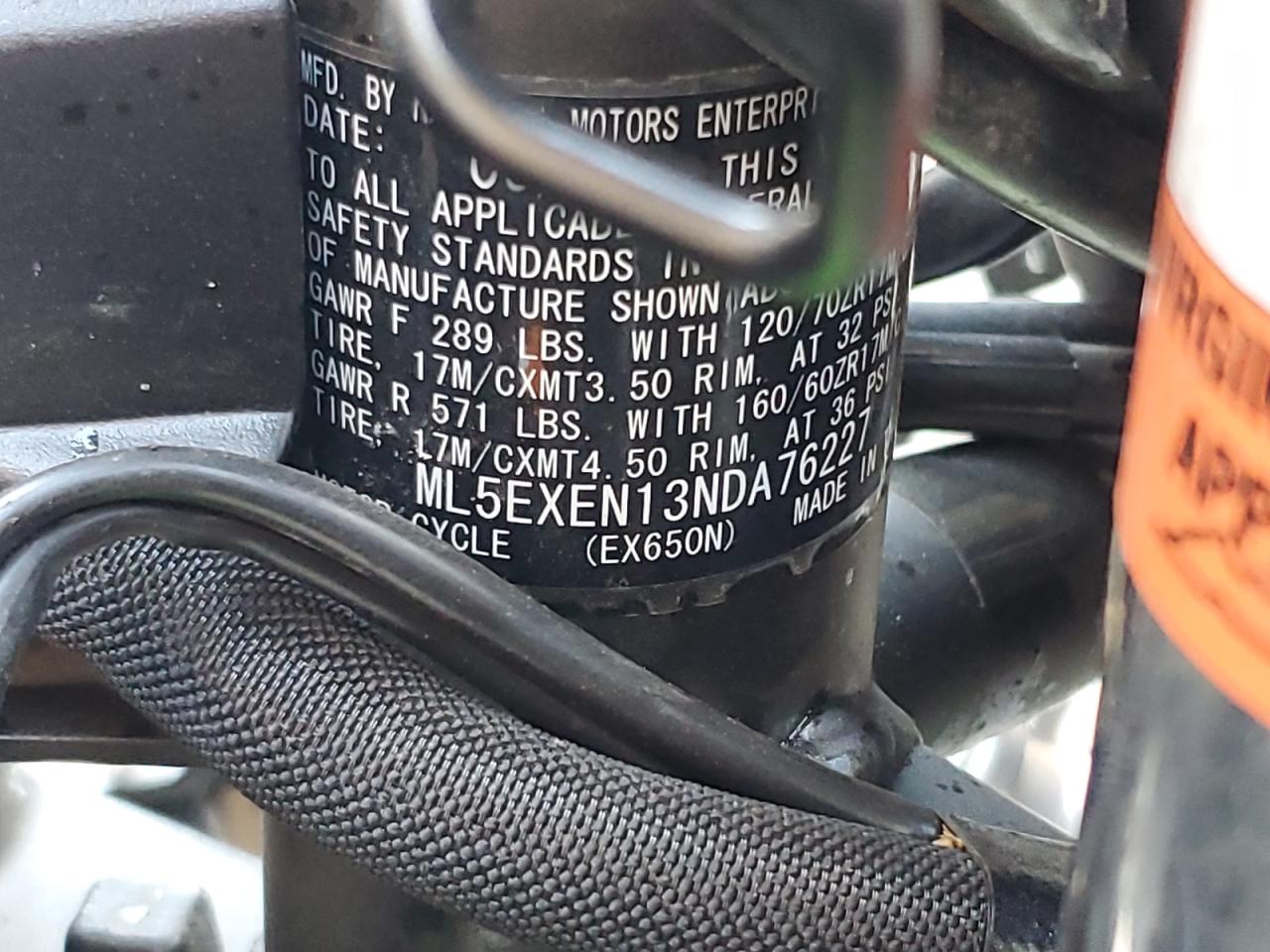 2022 Kawasaki Ex650 N VIN: ML5EXEN13NDA76227 Lot: 71442825