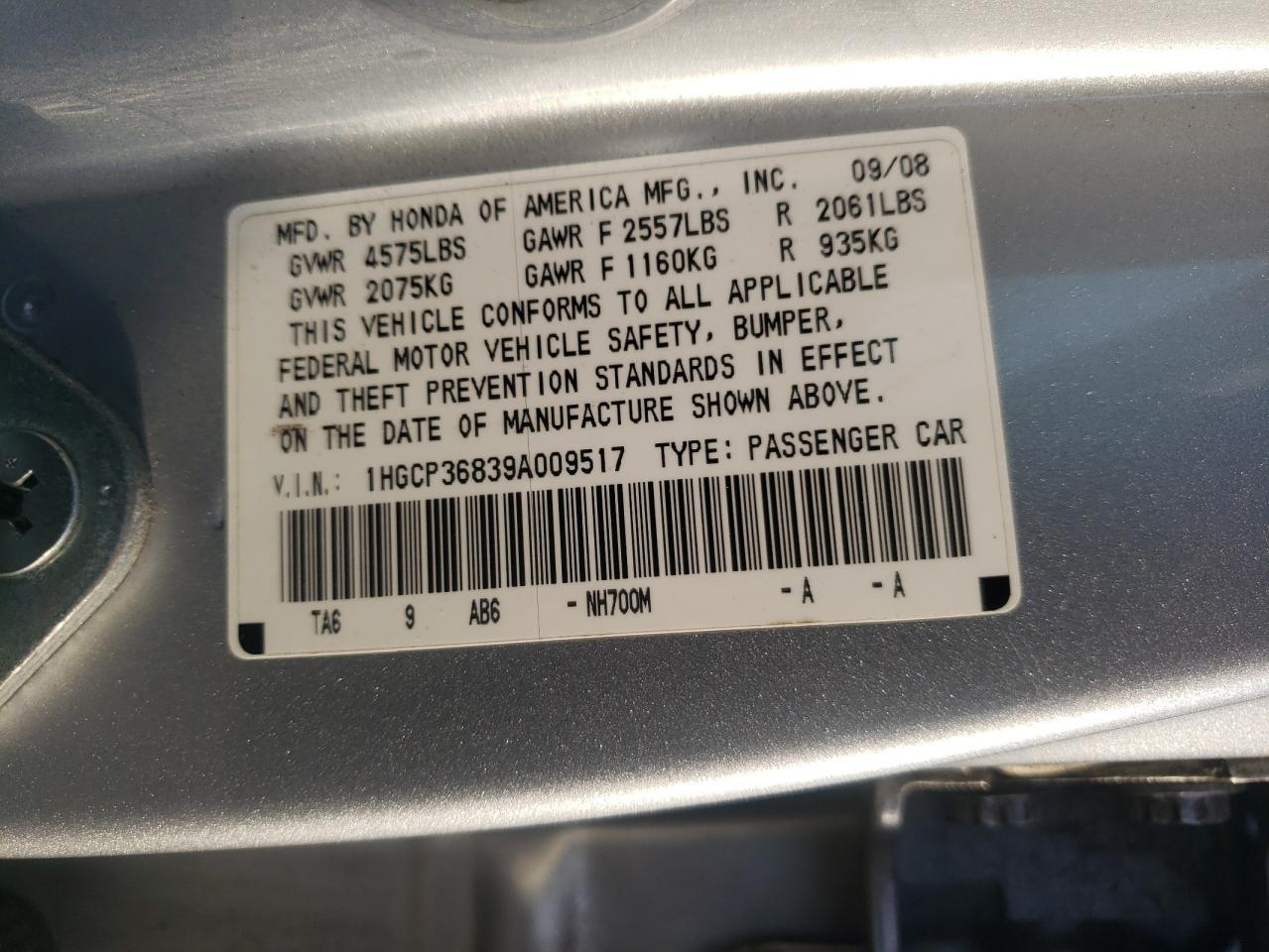 2009 Honda Accord Exl VIN: 1HGCP36839A009517 Lot: 80808915