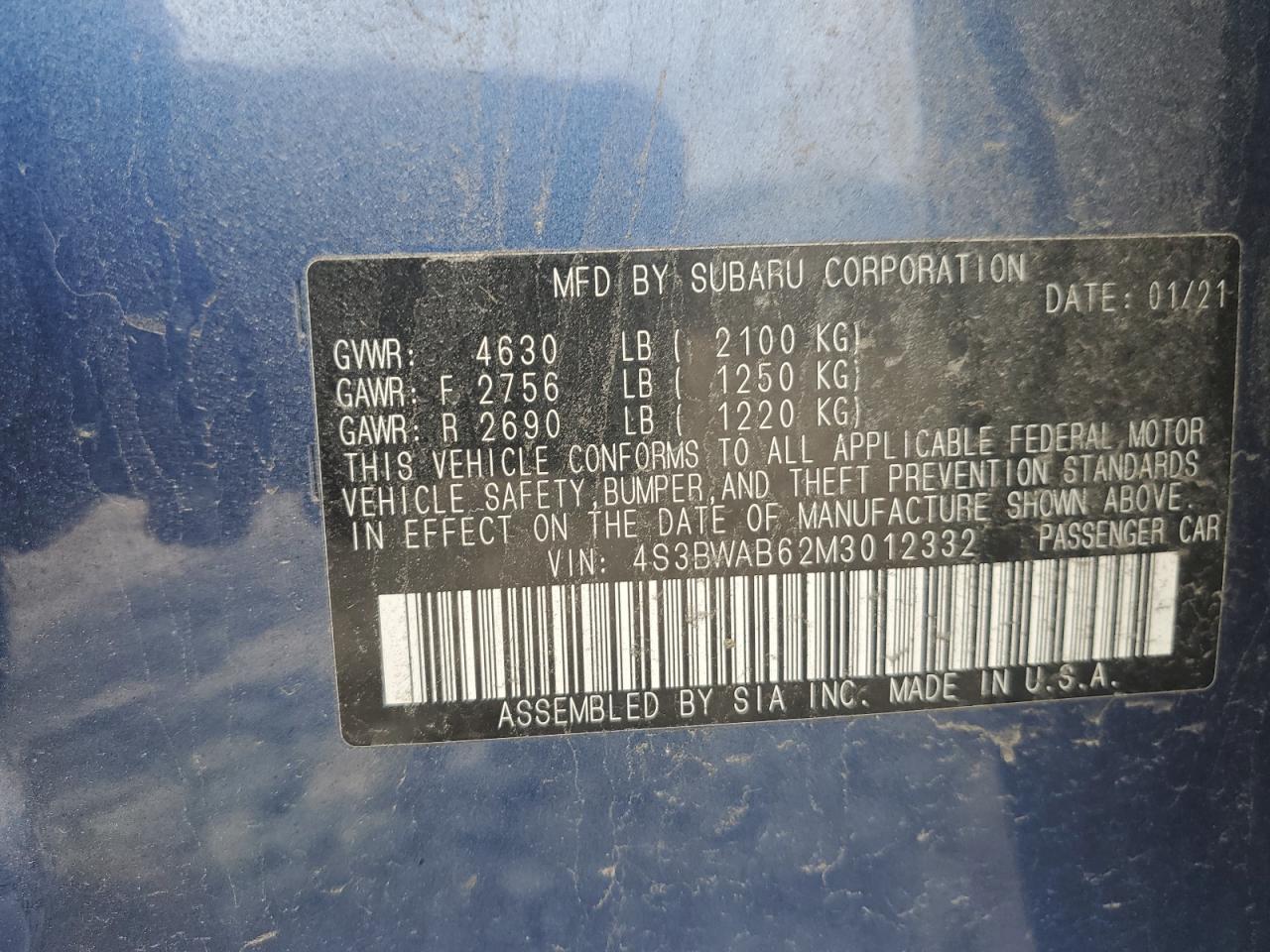 2021 Subaru Legacy VIN: 4S3BWAB62M3012332 Lot: 80315825