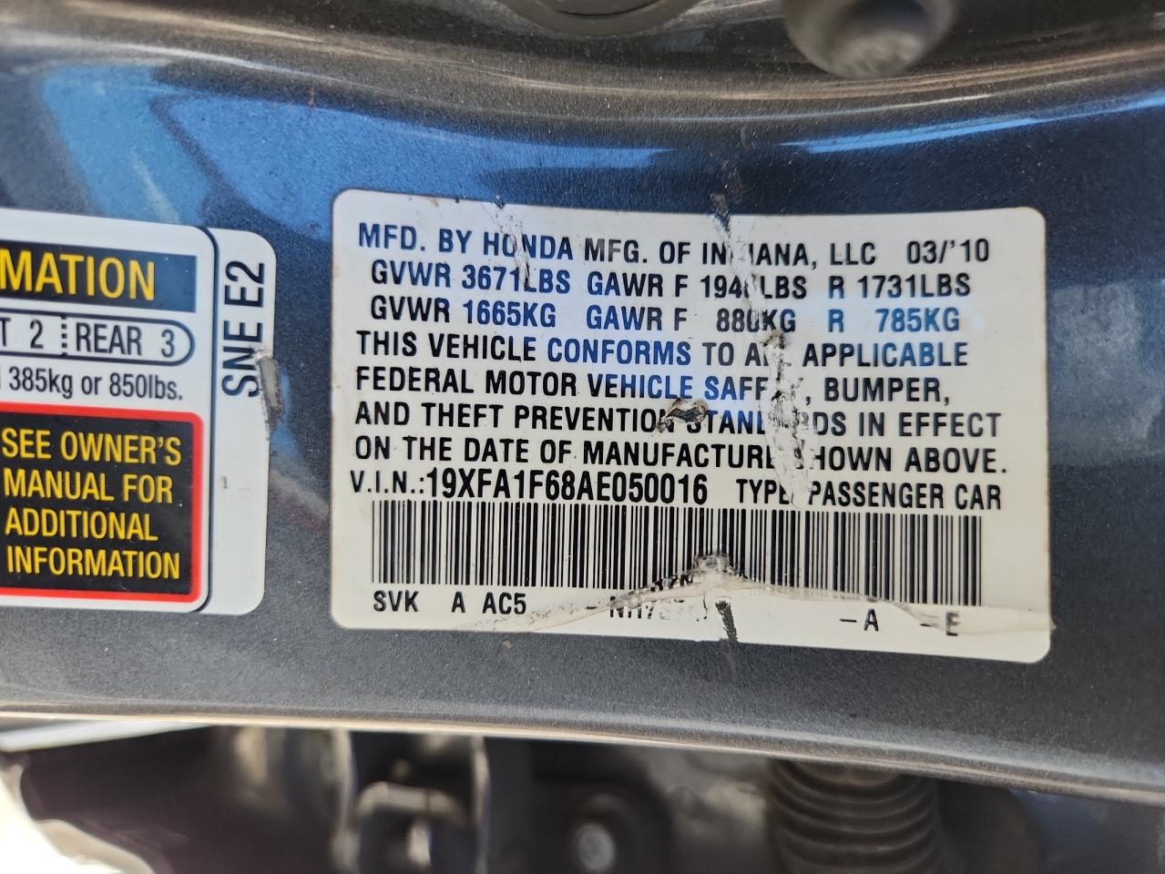 2010 Honda Civic VIN: 19XFA1F68AE050016 Lot: 71805735