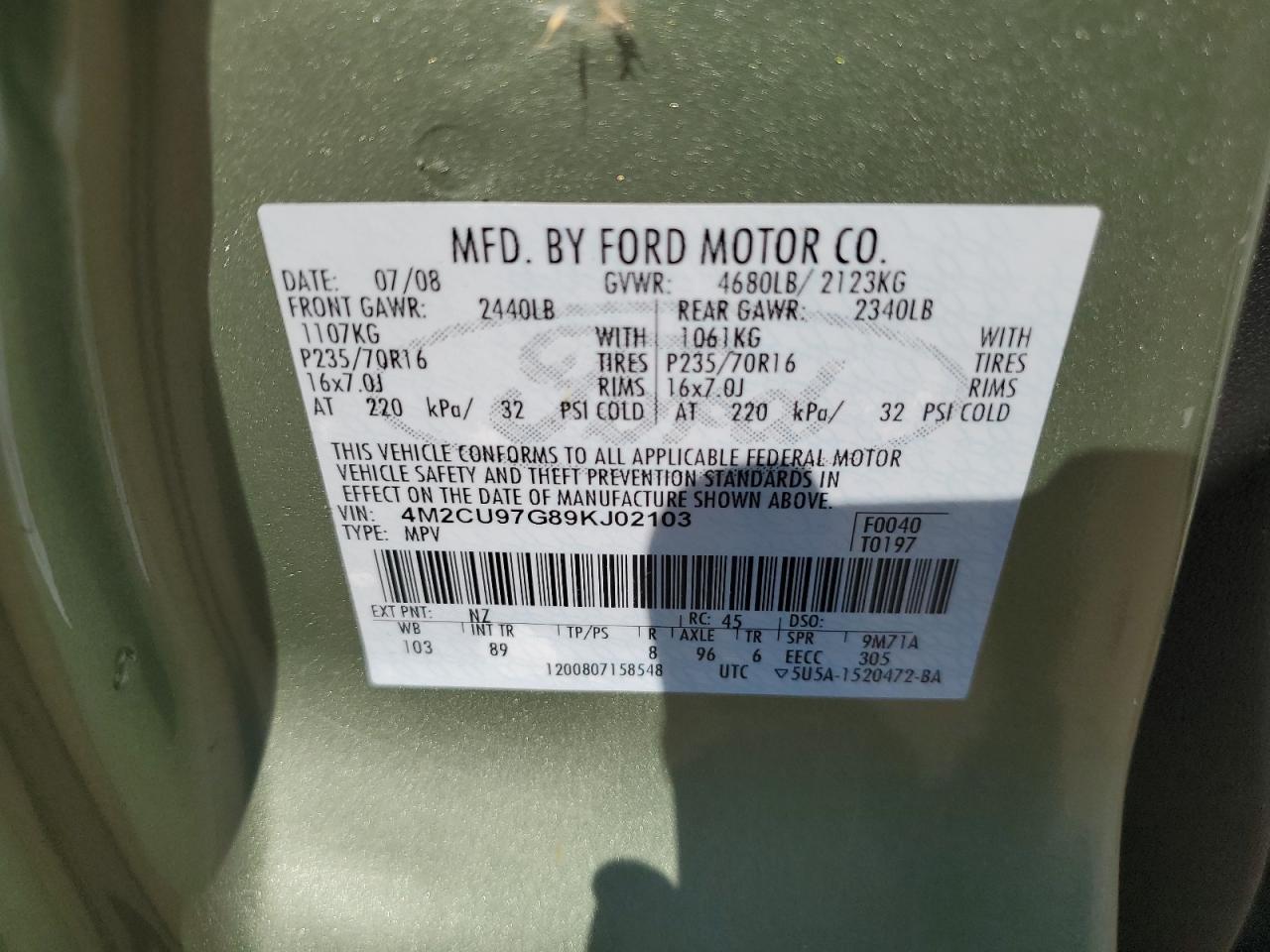 2009 Mercury Mariner Premier VIN: 4M2CU97G89KJ02103 Lot: 80701245