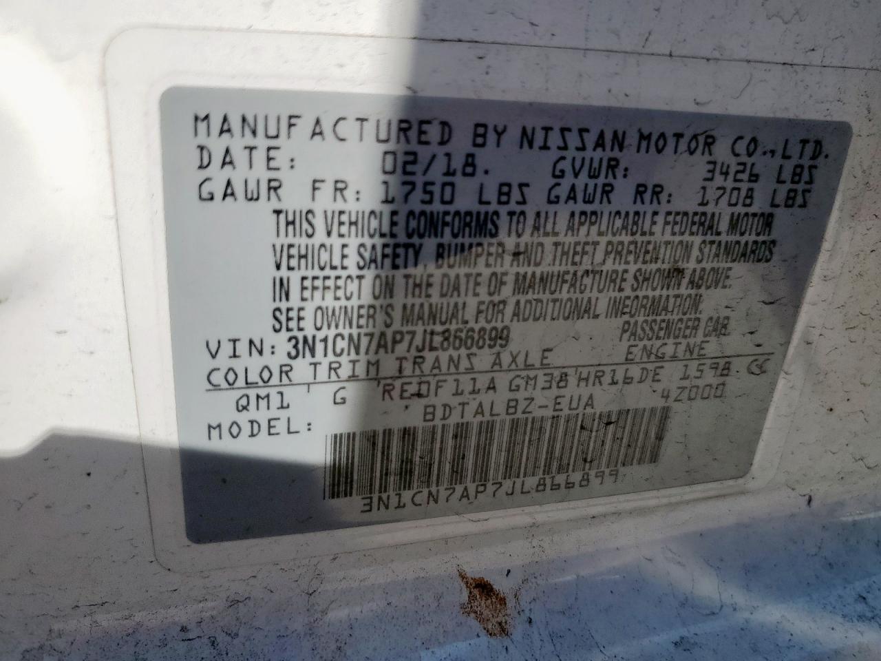 2018 Nissan Versa S VIN: 3N1CN7AP7JL866899 Lot: 81451385