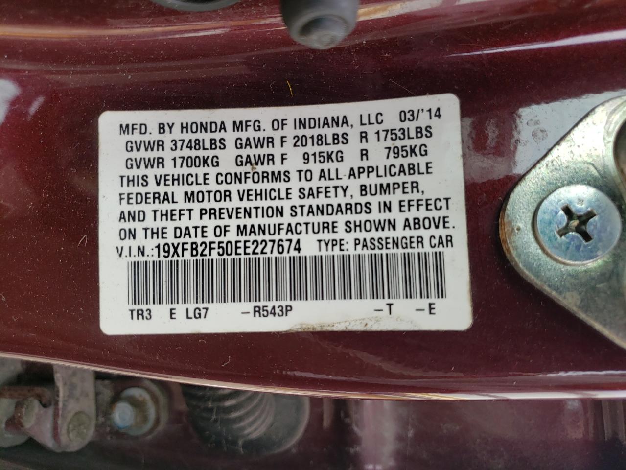 2014 Honda Civic Lx VIN: 19XFB2F50EE227674 Lot: 71078785