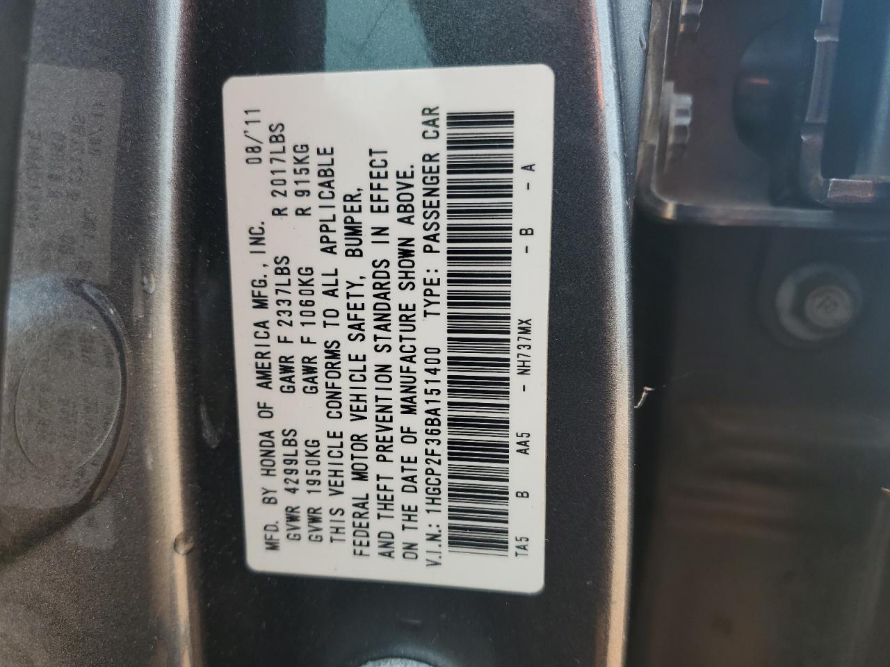 2011 Honda Accord Lx VIN: 1HGCP2F36BA151400 Lot: 82068915