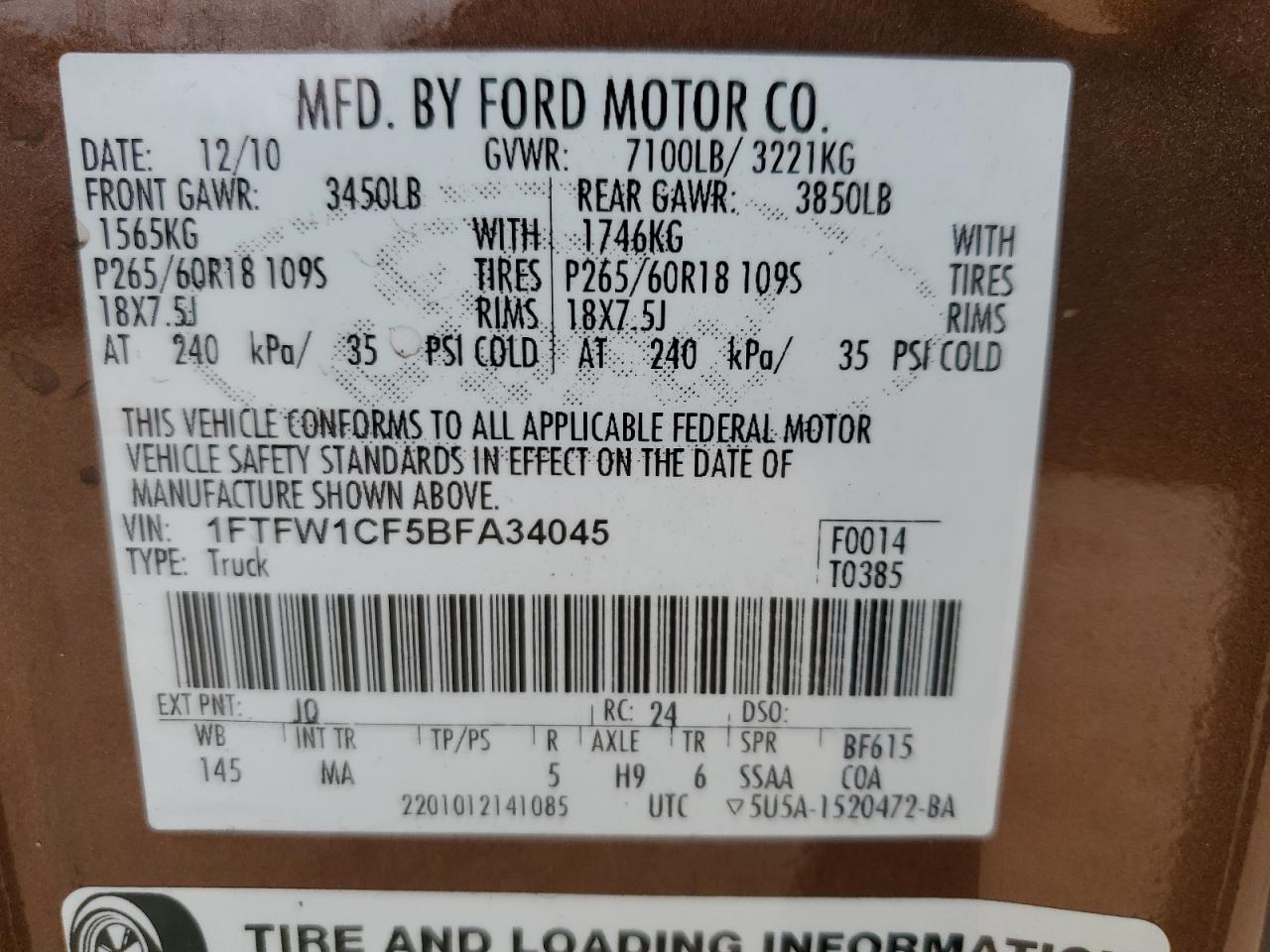 2011 Ford F150 Supercrew VIN: 1FTFW1CF5BFA34045 Lot: 81689965