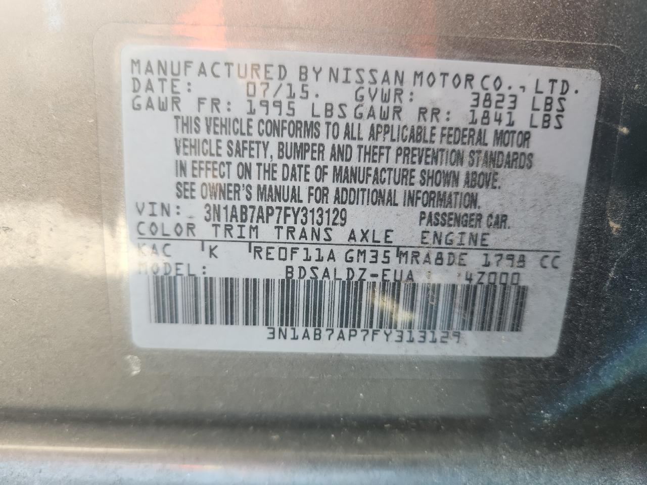 2015 Nissan Sentra S VIN: 3N1AB7AP7FY313129 Lot: 80292075