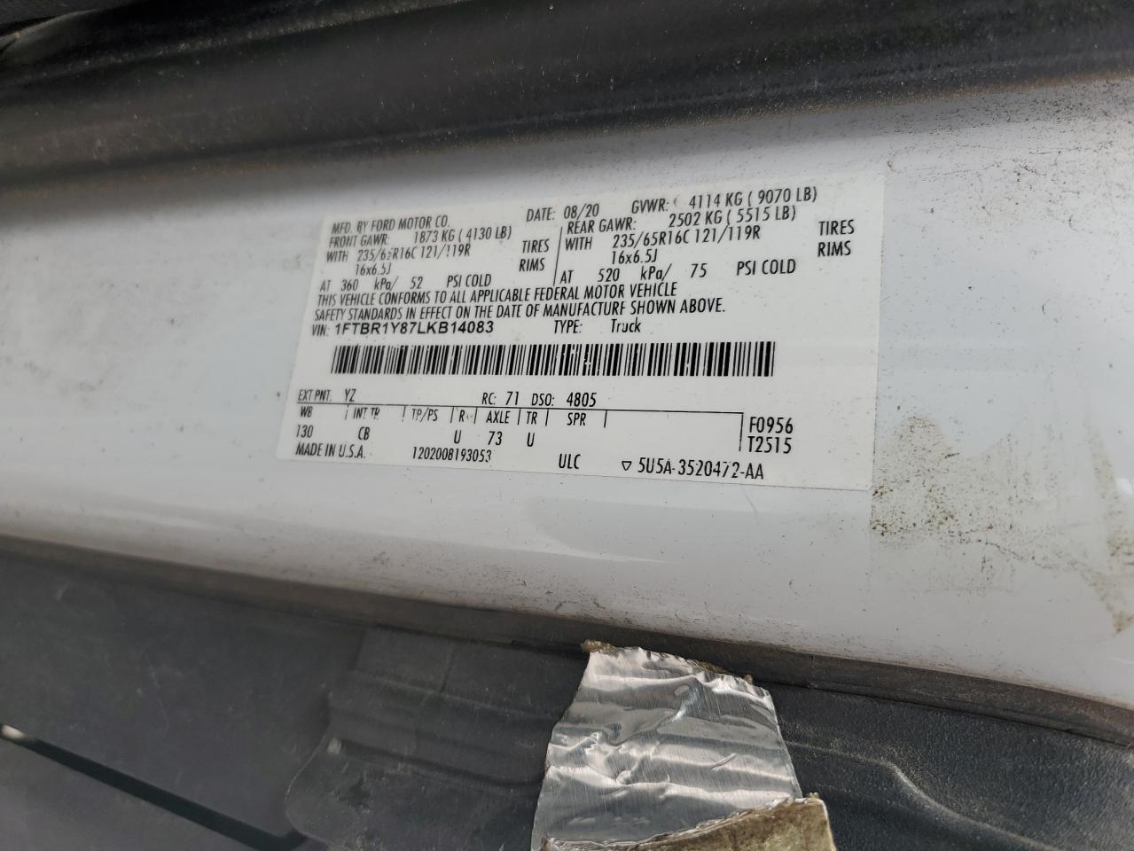 2020 Ford Transit T-250 VIN: 1FTBR1Y87LKB14083 Lot: 80342545