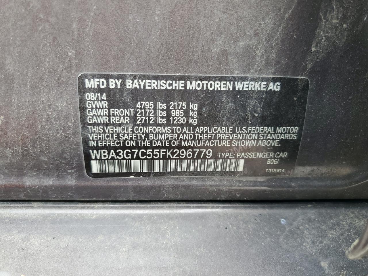 2015 BMW 328 Xi VIN: WBA3G7C55FK296779 Lot: 80192345