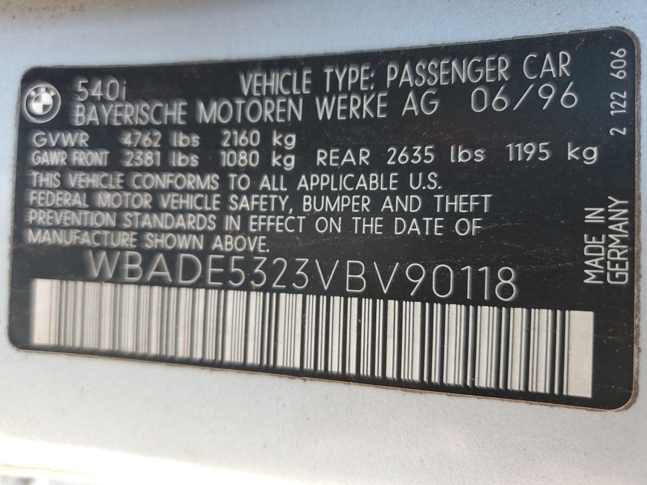 1997 BMW 540 I VIN: WBADE5323VBV90118 Lot: 81693865
