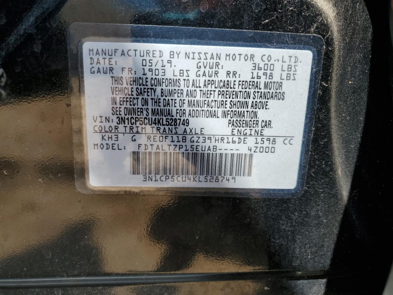 2019 Nissan Kicks S VIN: 3N1CP5CU4KL528749 Lot: 71346705