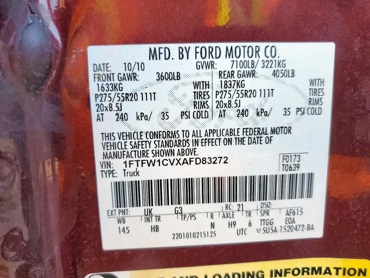 2010 Ford F150 Supercrew VIN: 1FTFW1CVXAFD83272 Lot: 71687875