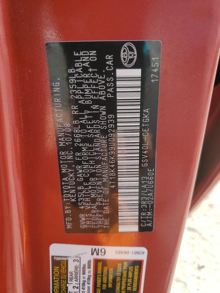 2009 Toyota Camry Se VIN: 4T1BK46K99U092939 Lot: 81661175