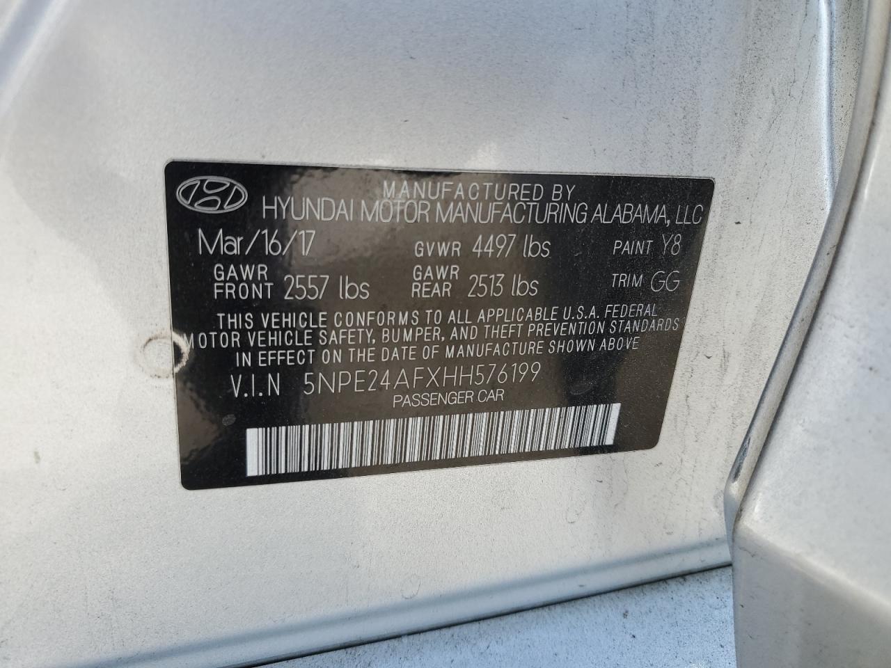 2017 Hyundai Sonata Se VIN: 5NPE24AFXHH576199 Lot: 82172365