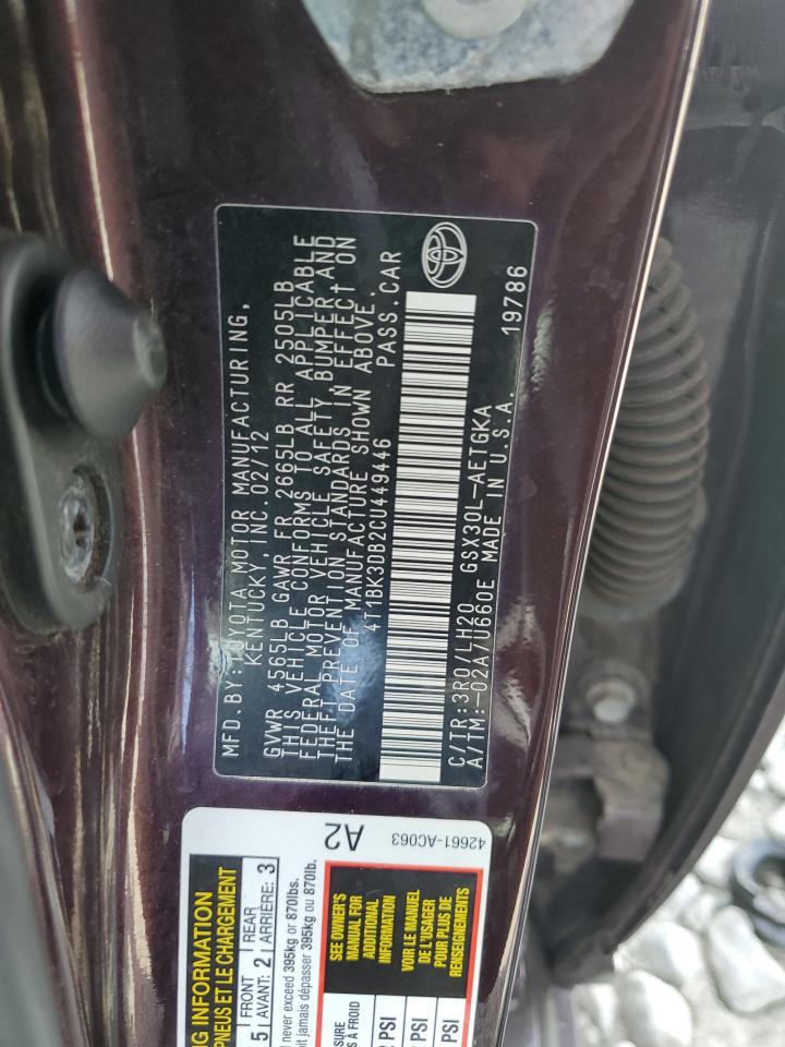 2012 Toyota Avalon Base VIN: 4T1BK3DB2CU449446 Lot: 80281905