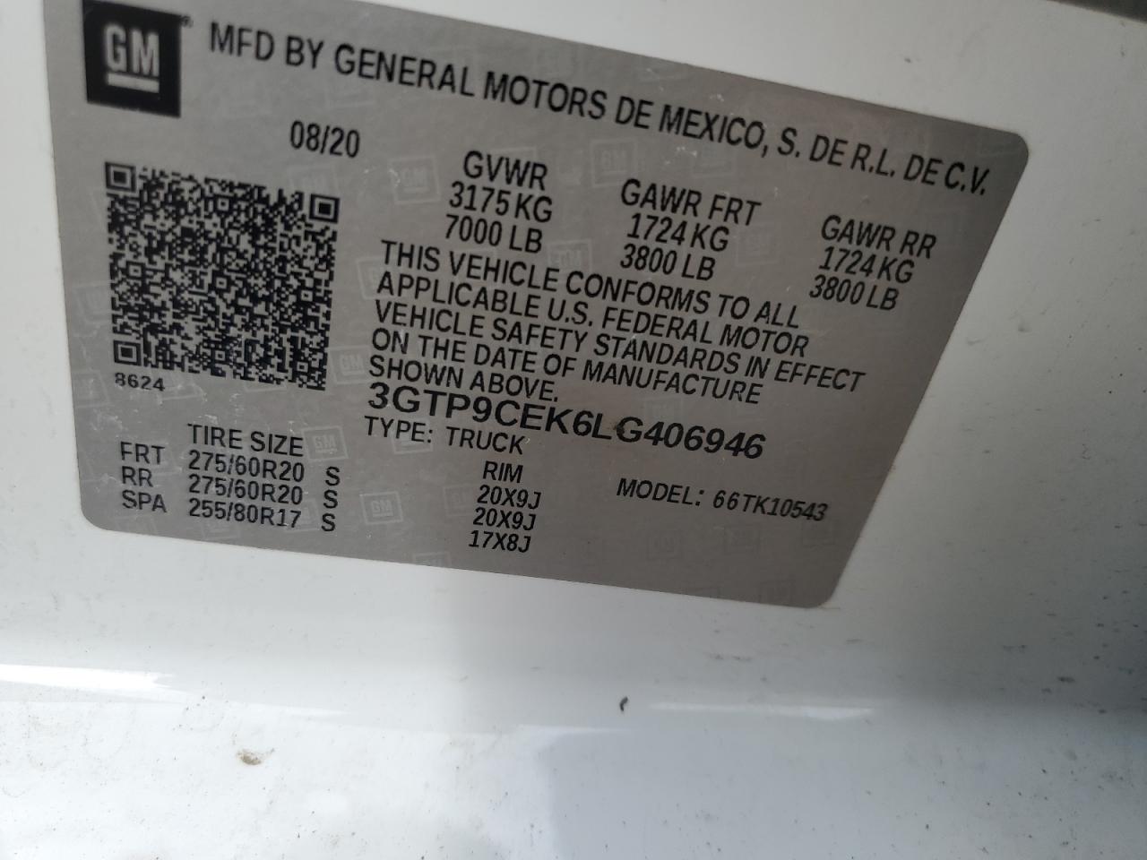 2020 GMC Sierra K1500 Elevation VIN: 3GTP9CEK6LG406946 Lot: 80722075