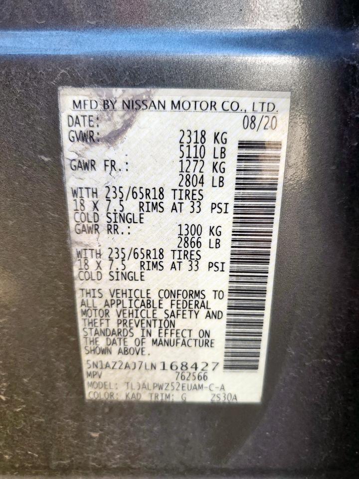 2020 Nissan Murano S VIN: 5N1AZ2AJ7LN168427 Lot: 84743975