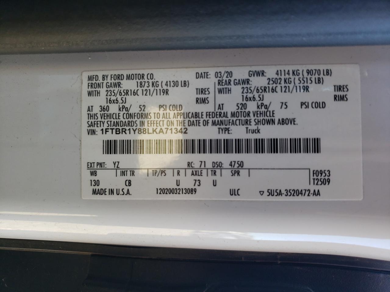 2020 Ford Transit T-250 VIN: 1FTBR1Y88LKA71342 Lot: 84189405