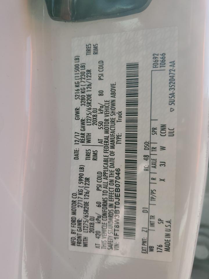 2018 Ford F350 Super Duty VIN: 1FT8W3BT0JEB07046 Lot: 81720905