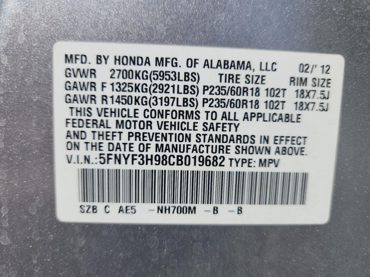 2012 Honda Pilot Touring VIN: 5FNYF3H98CB019682 Lot: 71929055