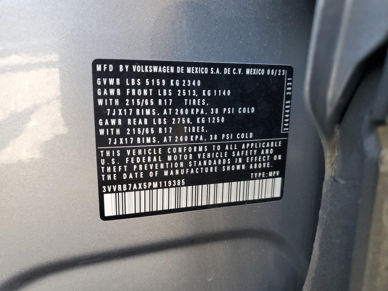 2023 Volkswagen Tiguan S VIN: 3VVRB7AX5PM119385 Lot: 71078825