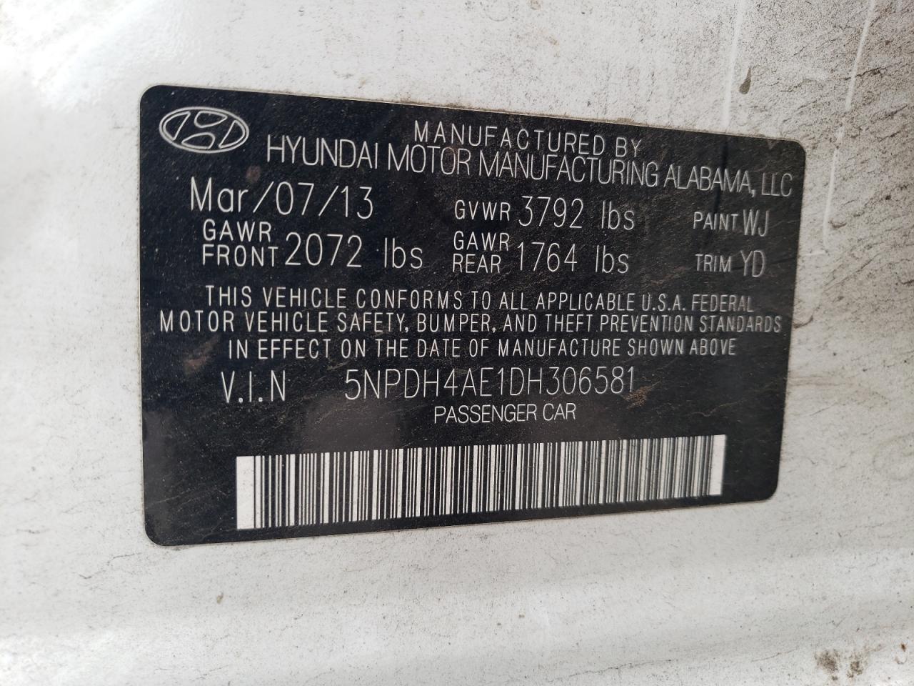 2013 Hyundai Elantra Gls VIN: 5NPDH4AE1DH306581 Lot: 71294715