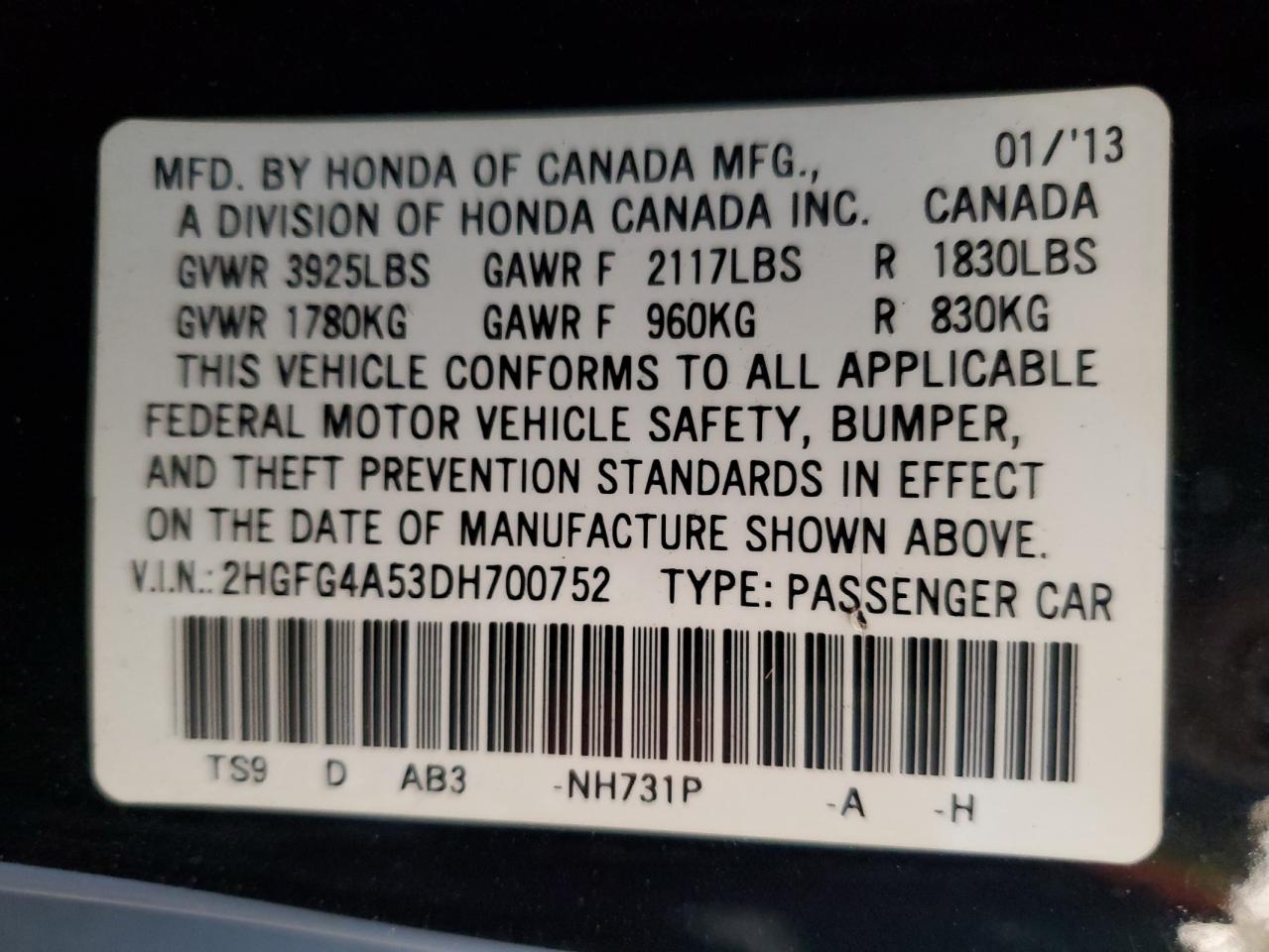 2013 Honda Civic Si VIN: 2HGFG4A53DH700752 Lot: 71972235
