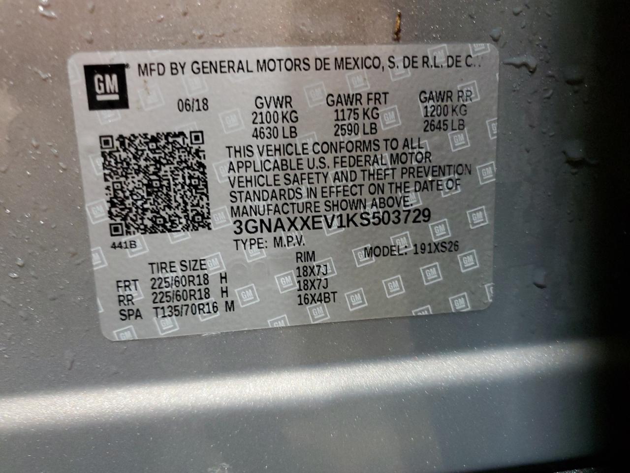 2019 Chevrolet Equinox Premier VIN: 3GNAXXEV1KS503729 Lot: 81309275