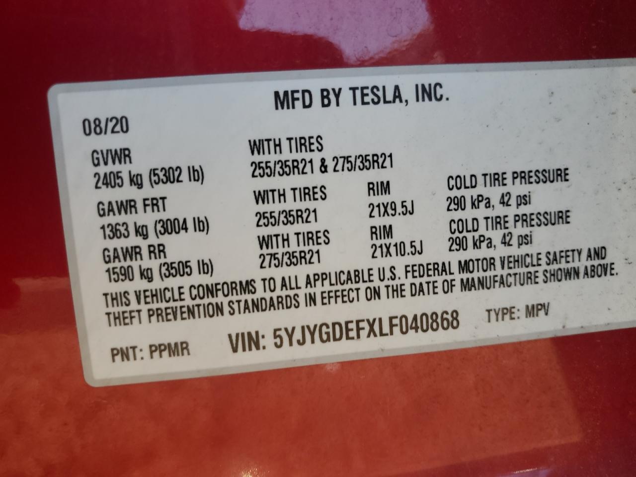 2020 Tesla Model Y VIN: 5YJYGDEFXLF040868 Lot: 80889625