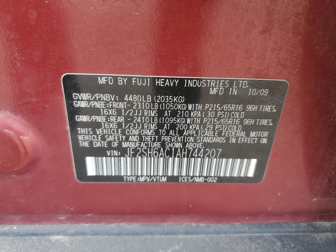 2010 Subaru Forester 2.5X VIN: JF2SH6AC1AH744207 Lot: 81000475