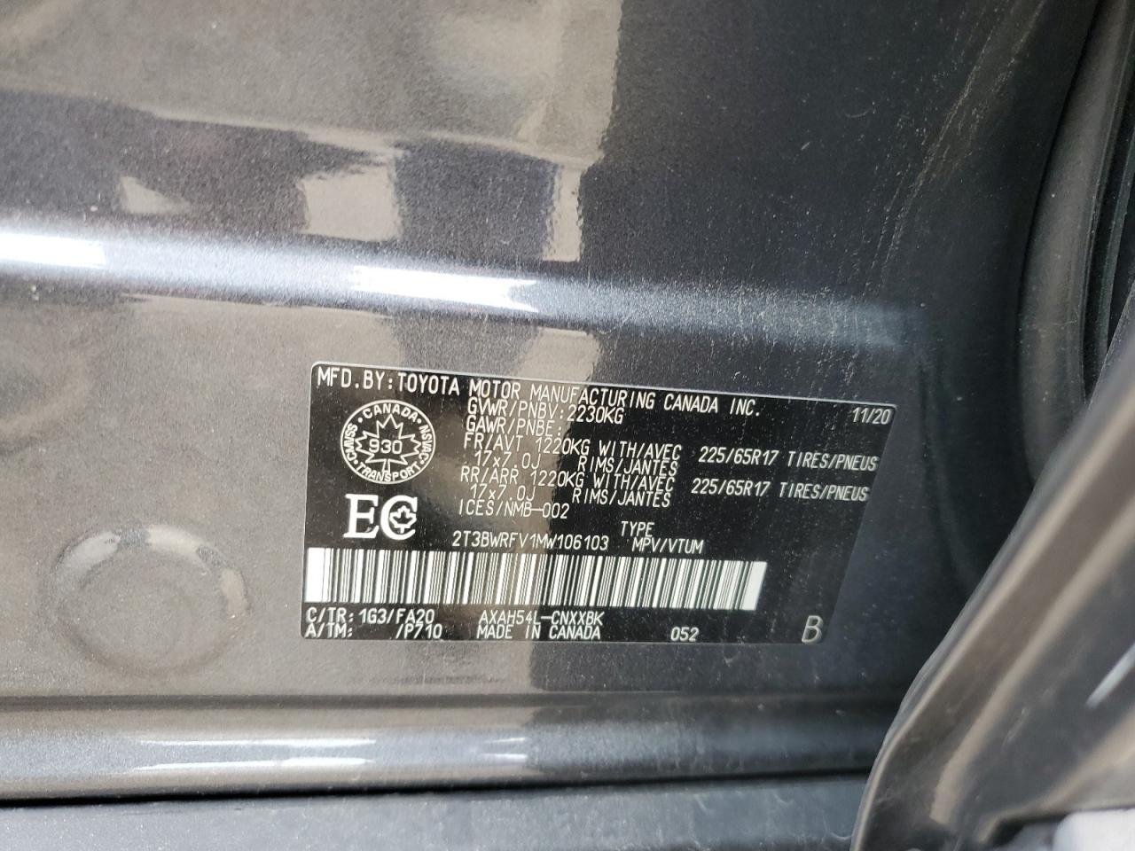 2021 Toyota Rav4 Le VIN: 2T3BWRFV1MW106103 Lot: 71446835