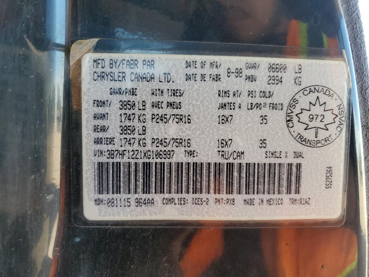 1999 Dodge Ram 1500 VIN: 3B7HF12Z1XG106997 Lot: 80712745