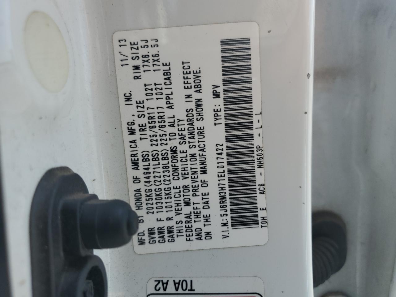 2014 Honda Cr-V Exl VIN: 5J6RM3H71EL017422 Lot: 80815515