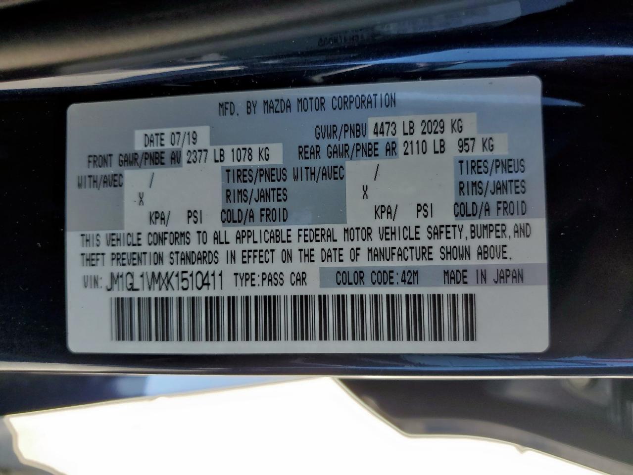 2019 Mazda 6 Touring VIN: JM1GL1VMXK1510411 Lot: 84396105