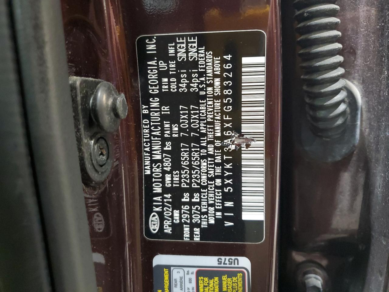 2015 Kia Sorento Lx VIN: 5XYKT3A6XFG583264 Lot: 83795805