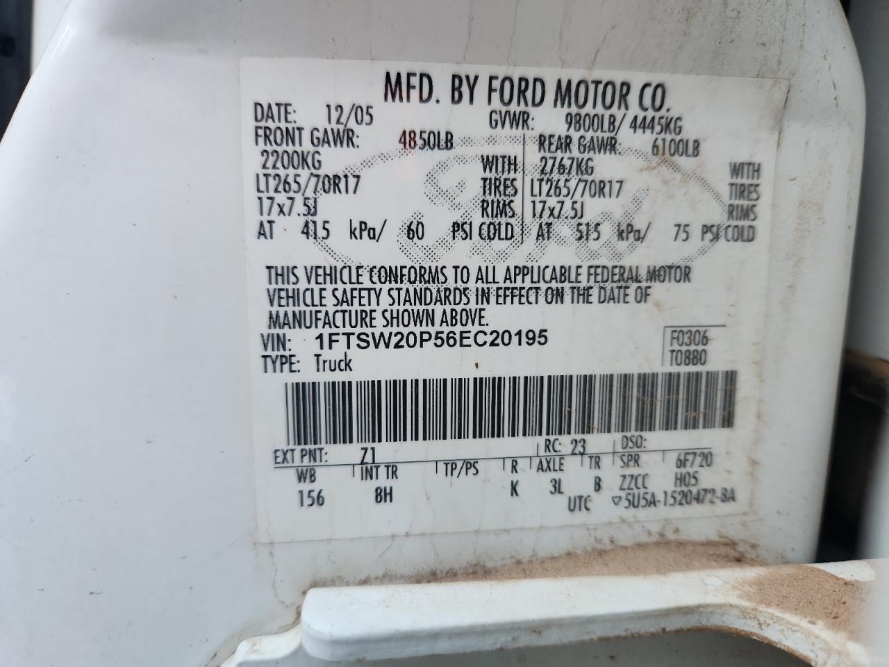 2006 Ford F250 Super Duty VIN: 1FTSW20P56EC20195 Lot: 84567845