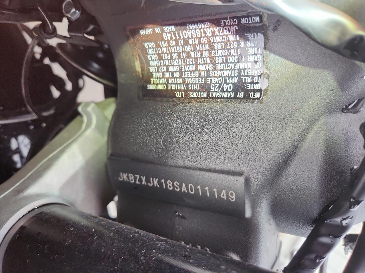 2025 Kawasaki Zx636 K VIN: JKBZXJK18SA011149 Lot: 71796885