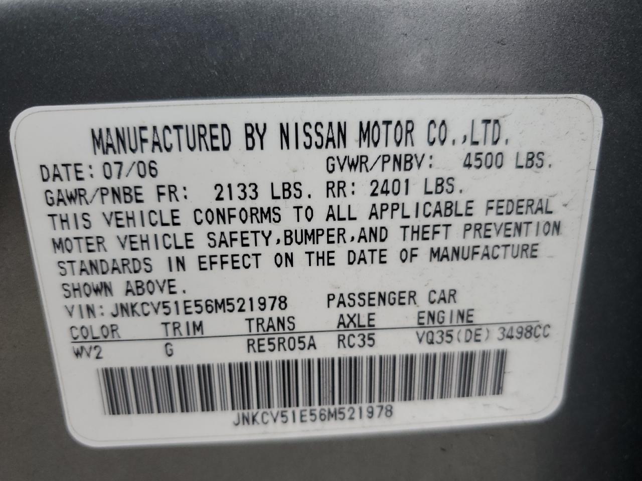 2006 Infiniti G35 VIN: JNKCV51E56M521978 Lot: 81083565