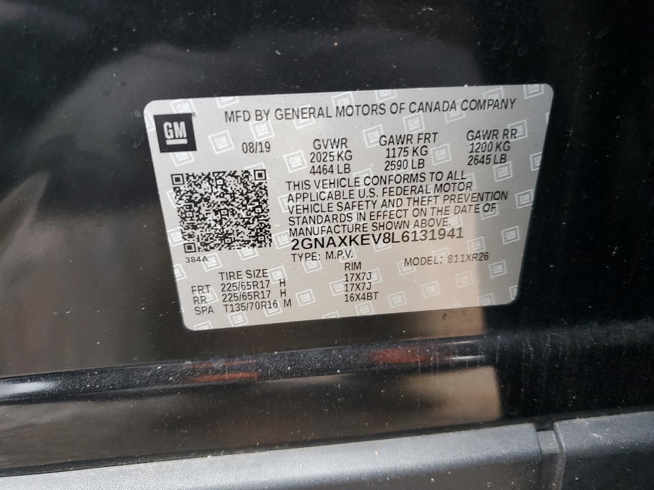 2020 Chevrolet Equinox Lt VIN: 2GNAXKEV8L6131941 Lot: 84011515