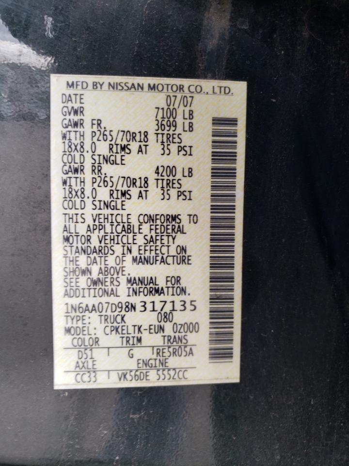 2008 Nissan Titan Xe VIN: 1N6AA07D98N317135 Lot: 71710185