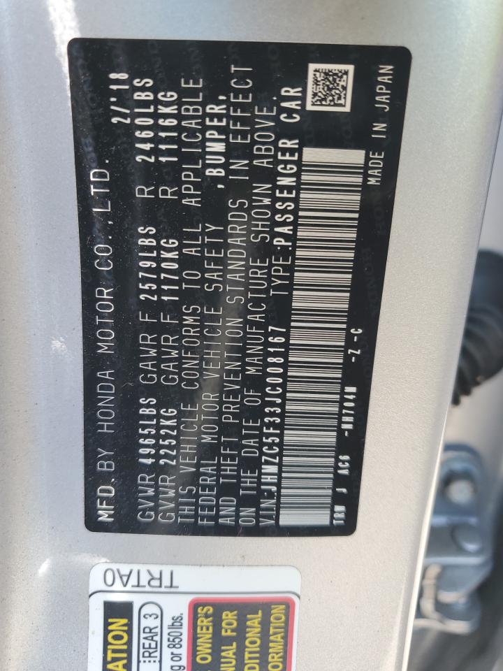 2018 Honda Clarity Touring VIN: JHMZC5F33JC008167 Lot: 81676605