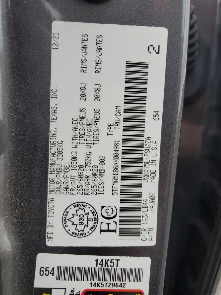 2022 Toyota Tundra Crewmax Platinum VIN: 5TFMA5DB6NX004981 Lot: 84383695