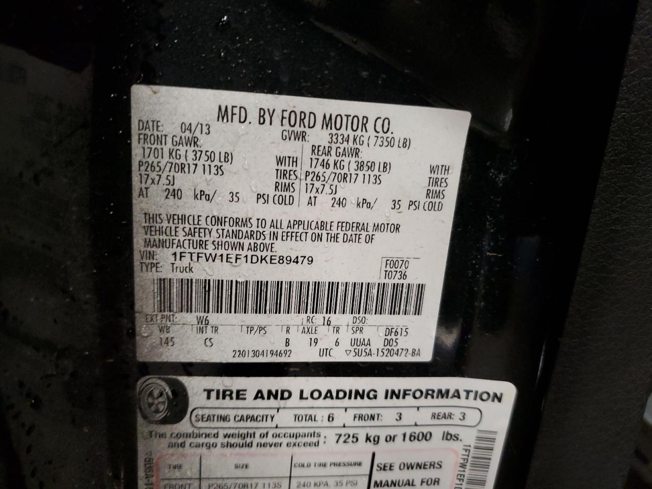 2013 Ford F150 Supercrew VIN: 1FTFW1EF1DKE89479 Lot: 83760425