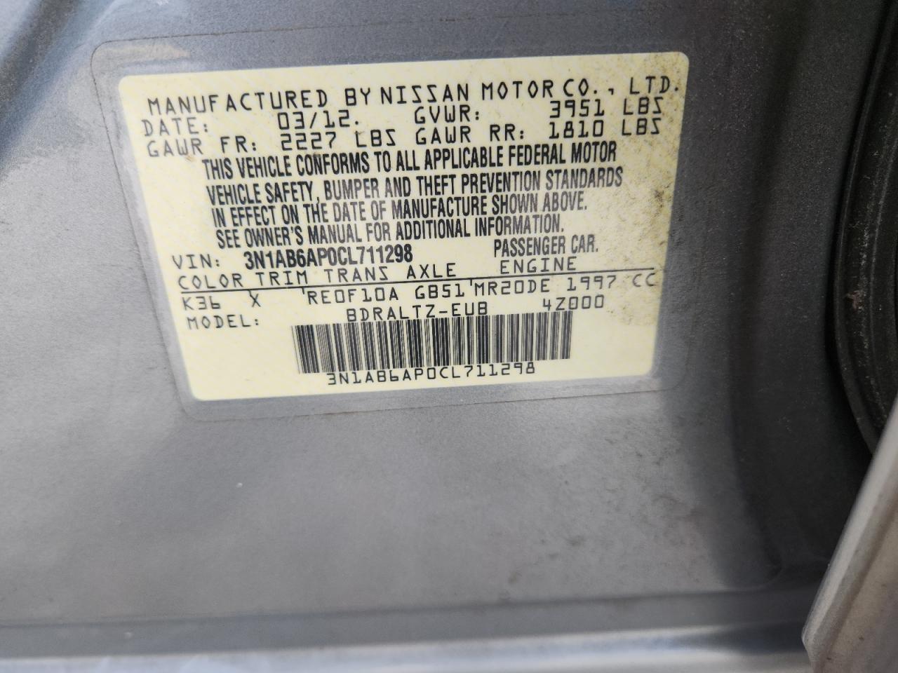 2012 Nissan Sentra 2.0 VIN: 3N1AB6AP0CL711298 Lot: 72055505