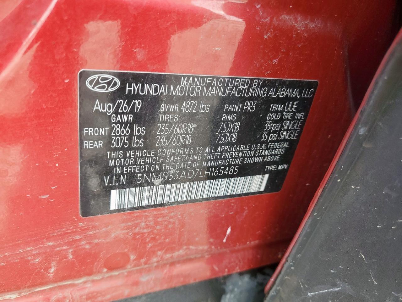 2020 Hyundai Santa Fe Sel VIN: 5NMS33AD7LH165485 Lot: 83984405