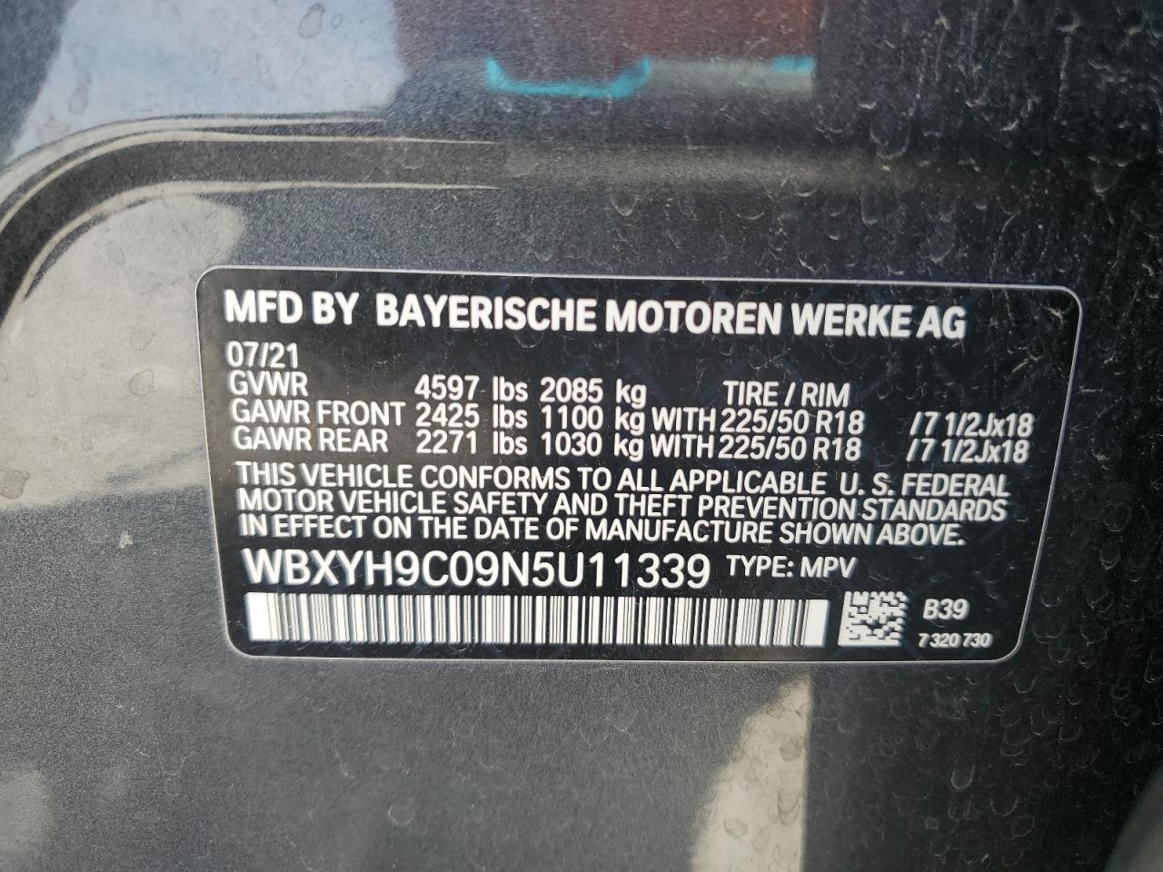 2022 BMW X2 Sdrive28I VIN: WBXYH9C09N5U11339 Lot: 72022645