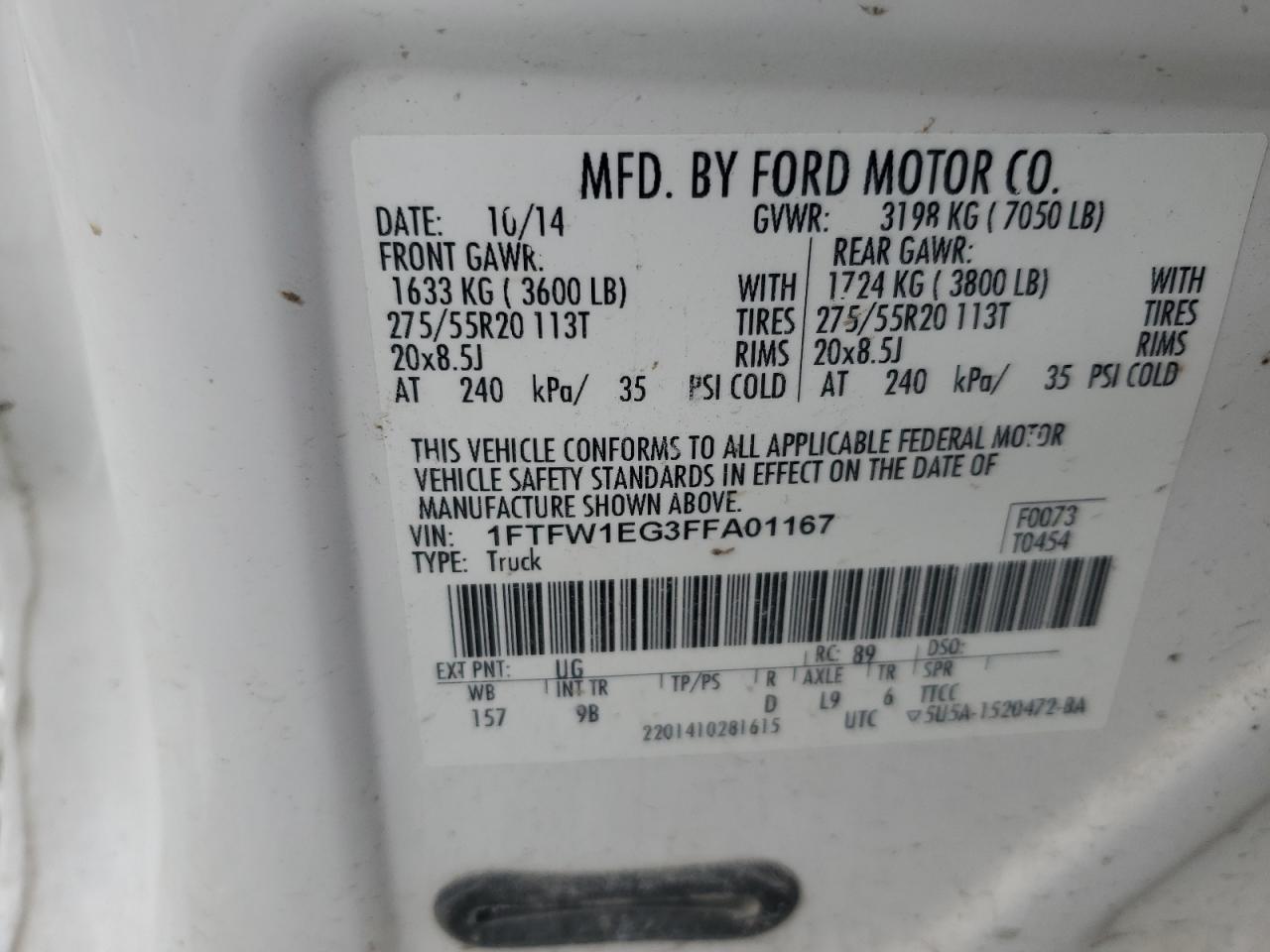 2015 Ford F150 Supercrew VIN: 1FTFW1EG3FFA01167 Lot: 81550105