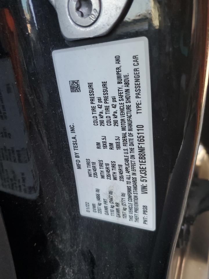 2022 Tesla Model 3 VIN: 5YJ3E1EB8NF165110 Lot: 81909555