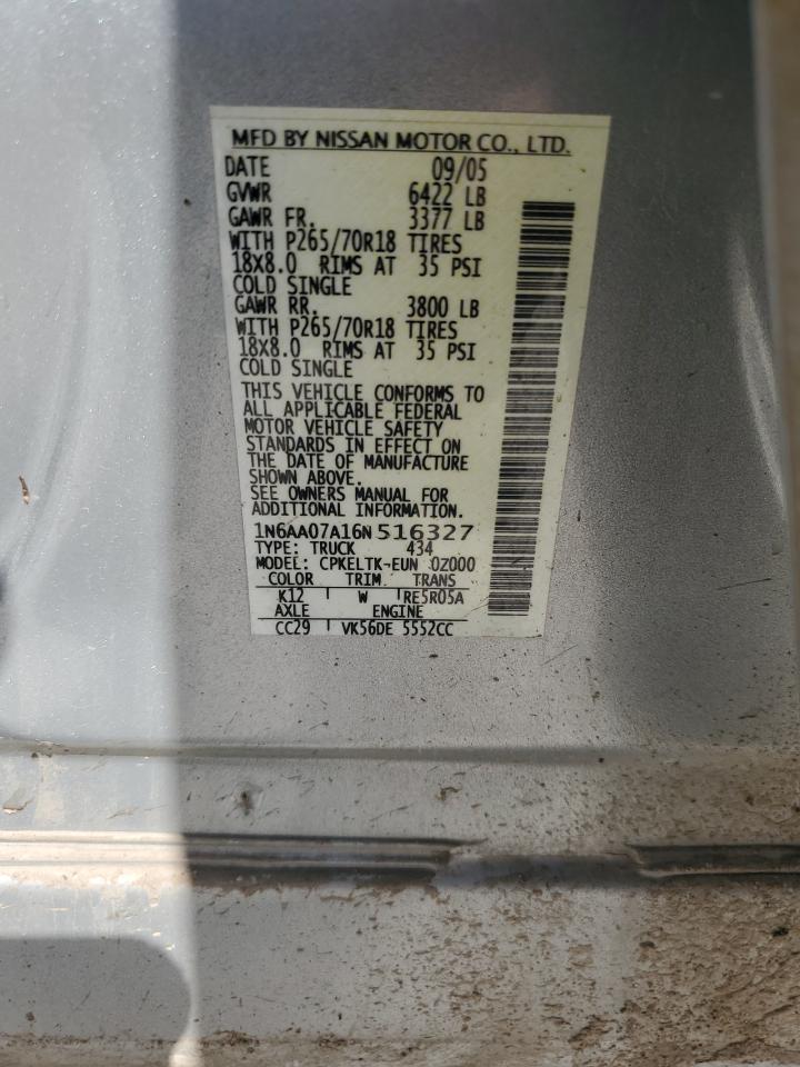 2006 Nissan Titan Xe VIN: 1N6AA07A16N516327 Lot: 80822715