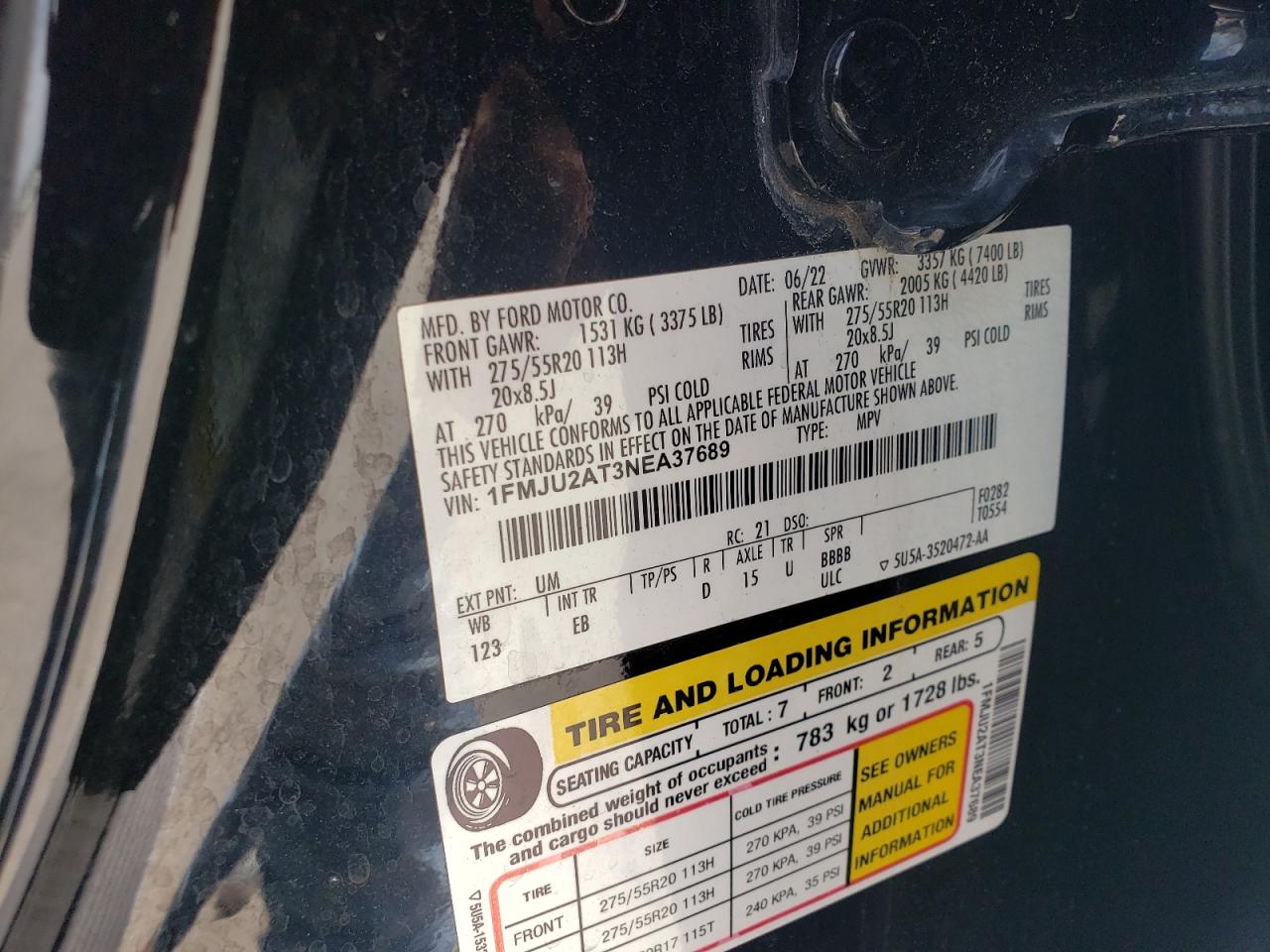 2022 Ford Expedition Limited VIN: 1FMJU2AT3NEA37689 Lot: 81425645