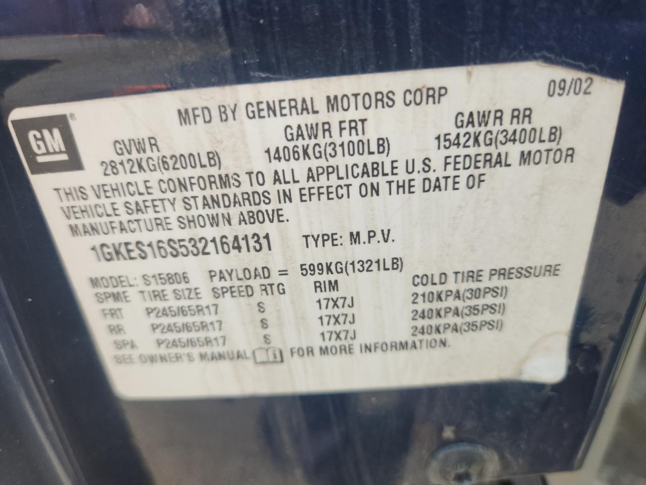 2003 GMC Envoy Xl VIN: 1GKES16S532164131 Lot: 81242725